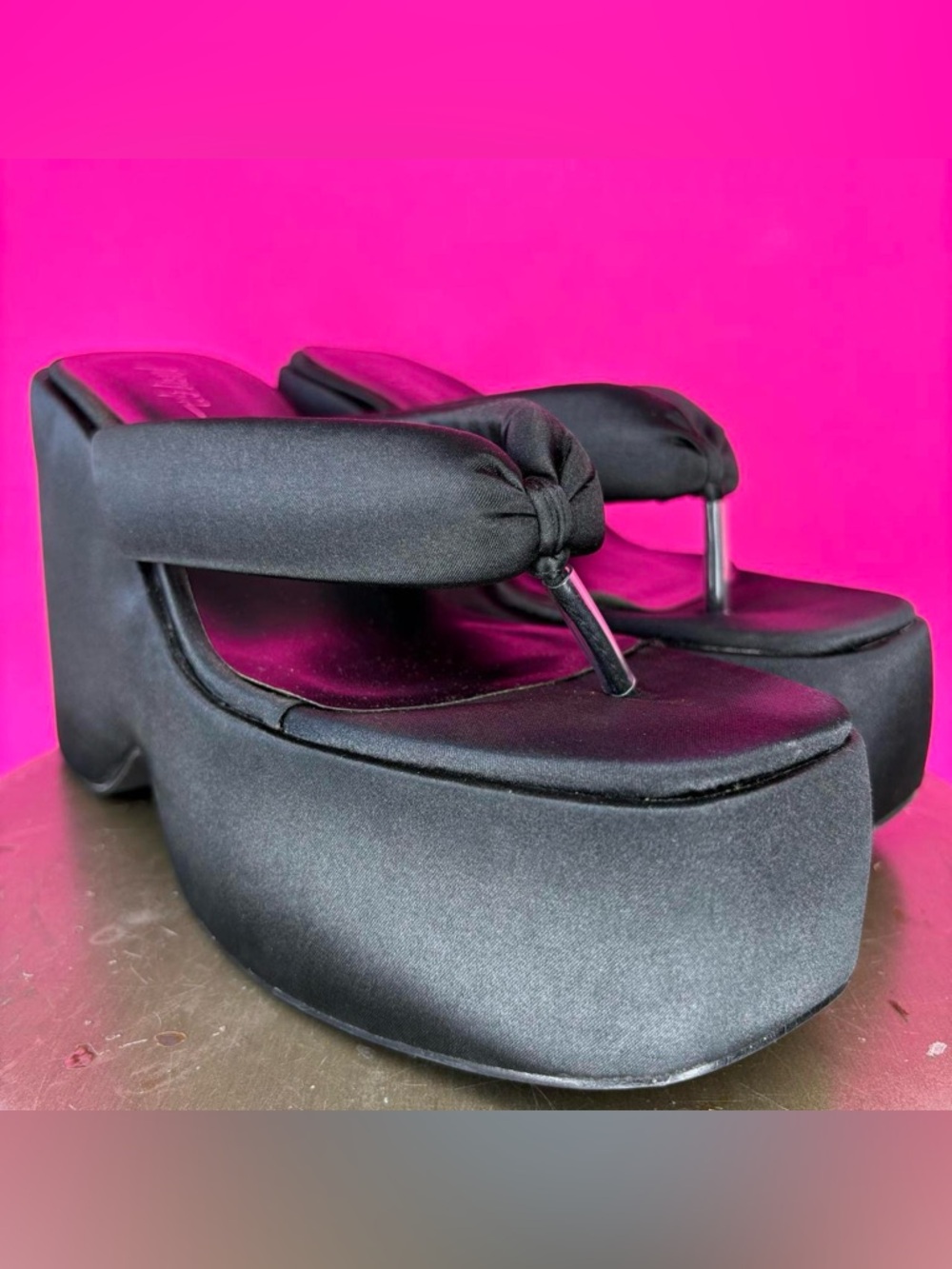 Nasty Gal Black Satin Platform Flip Flop Wedge Sandal US 9